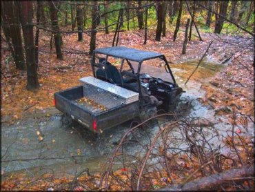 Polaris UTV carrying diamond plate tool box in the bed going throuhg deep water puddle in the woods.