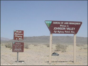 Close up photo of BLM signage for Johnson Valley OHV Area.