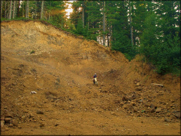 Man on yellow Suzuki RM250 navigating some rugged terrain.