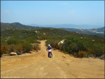 Honda dirt bike going up short hill climb.