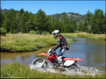Honda CRF Dirtbike crossing some water at Lower Blue Lake Trail