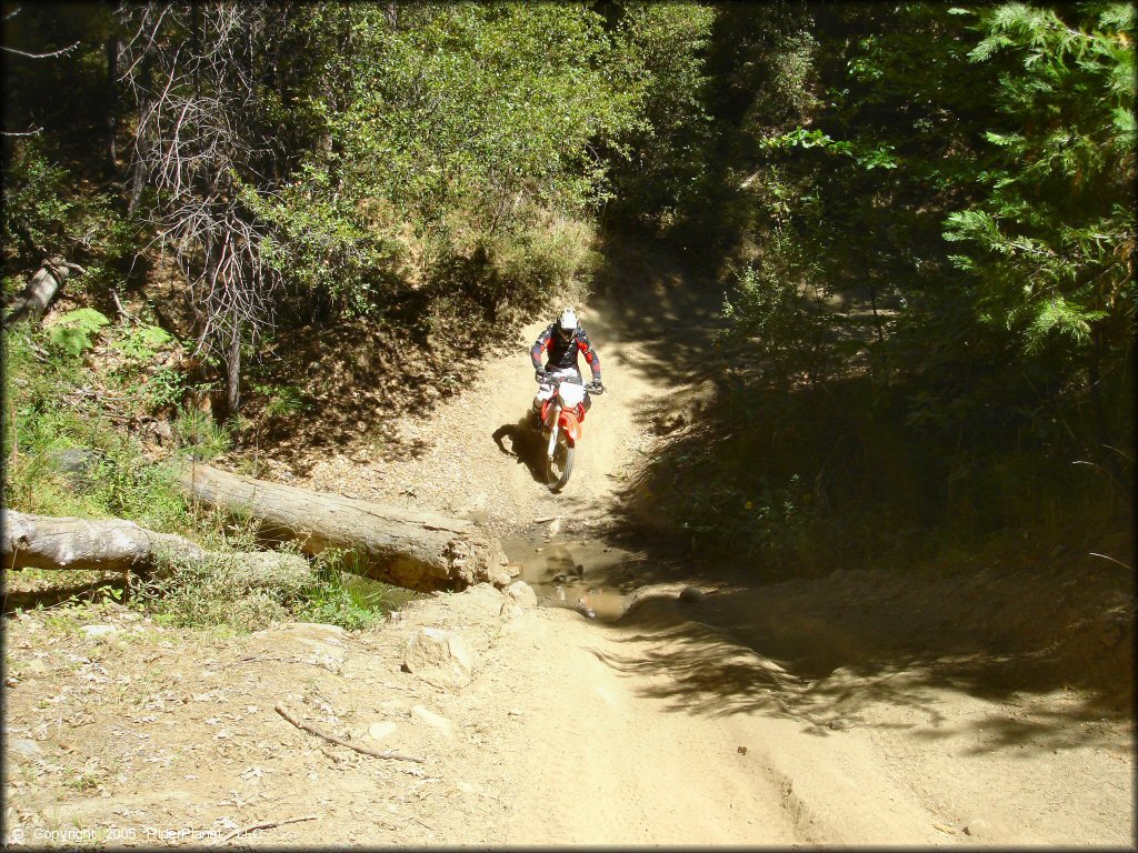 Honda CRF Motorcycle traversing the water at Miami Creek OHV Area Trail