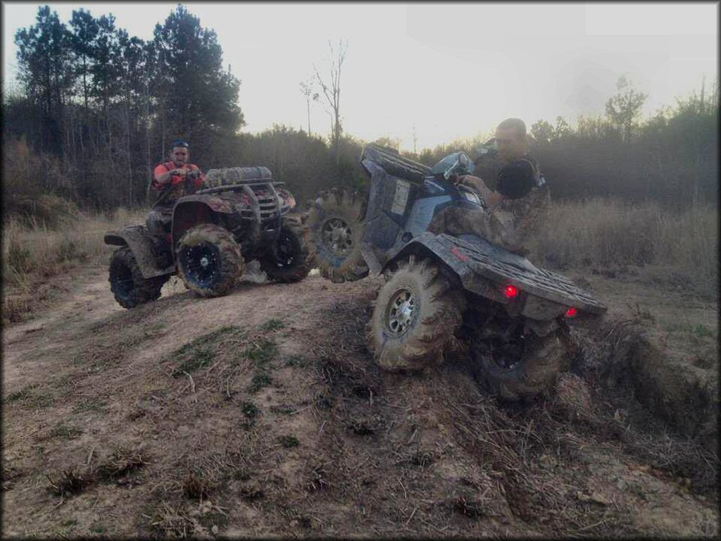Two four wheelers with mud tires parked on small hill.