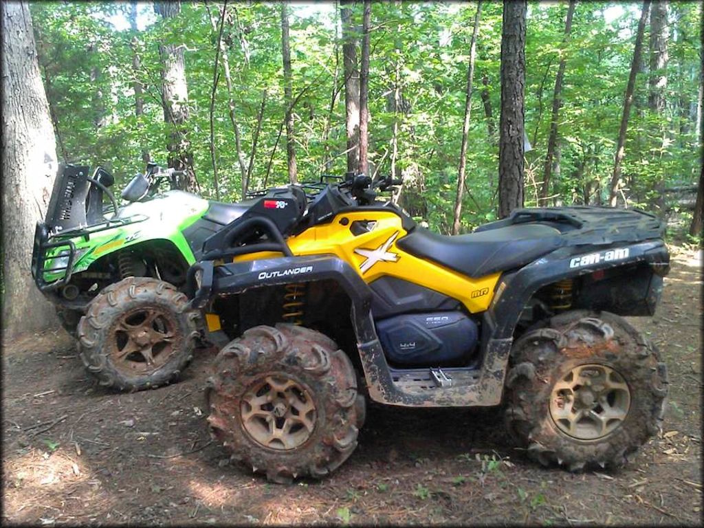 Can-Am Outlander Arctic Cat ATV parked next to each other in the woods.
