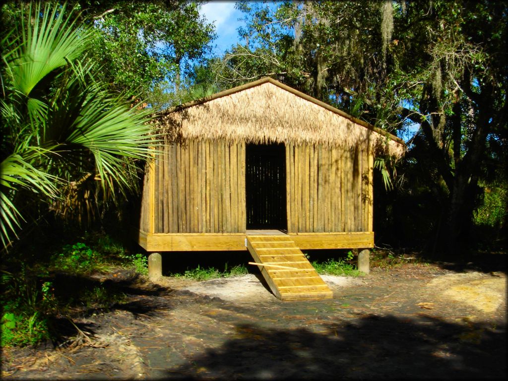 Tiki hut surrounded by palmettos, oak trees and spanish moss.