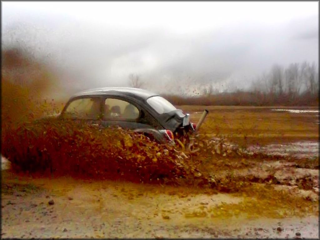 Blue Volkswagen Beetle going through a mud puddle.