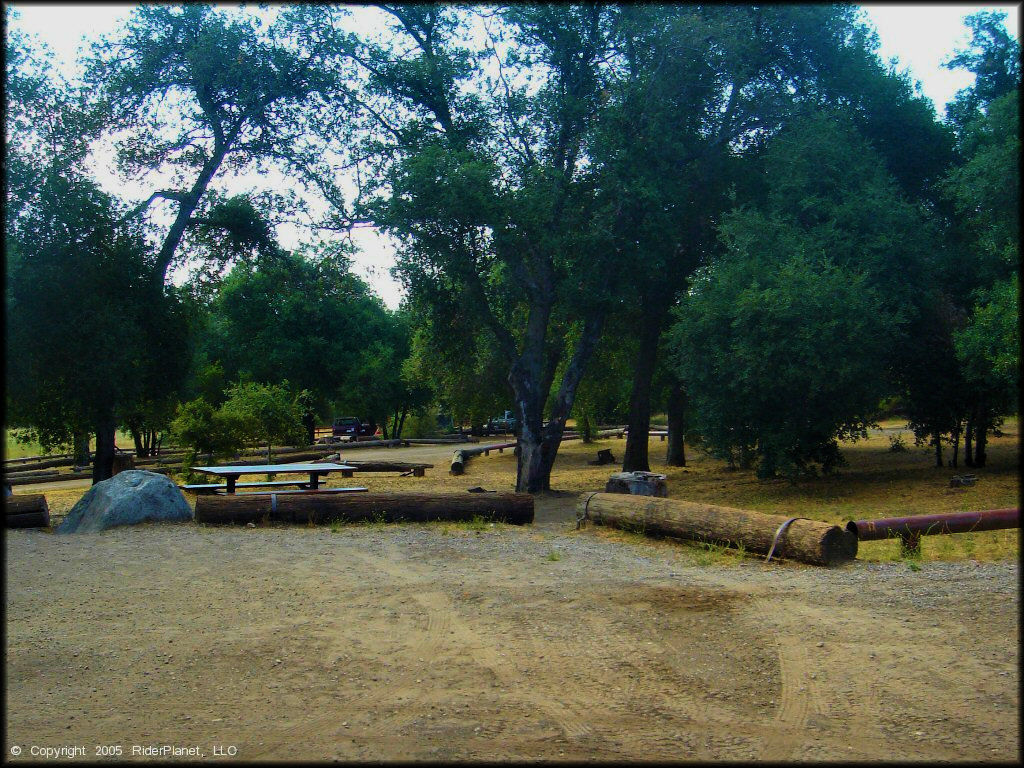 A campsite in Bobcat Meadow Campground with picnic tables, fire rings and mature shade trees.