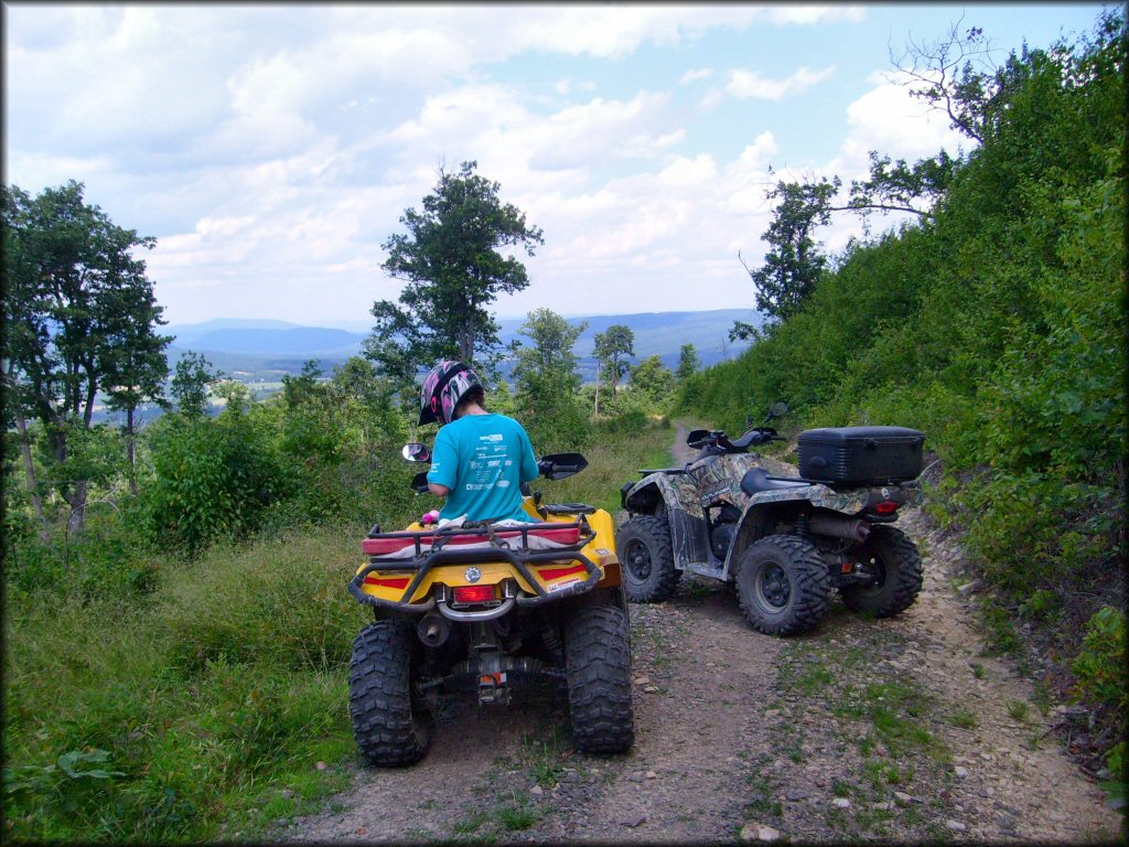 Two ATVs parked alongside wooded trail with scenic view of surrounding valley.