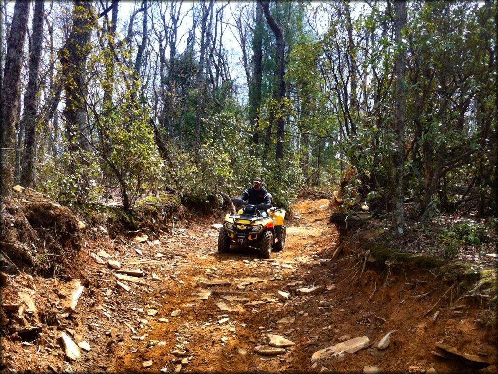 Man on yellow ATV riding down rocky offroad trail at Oakey Mountain.