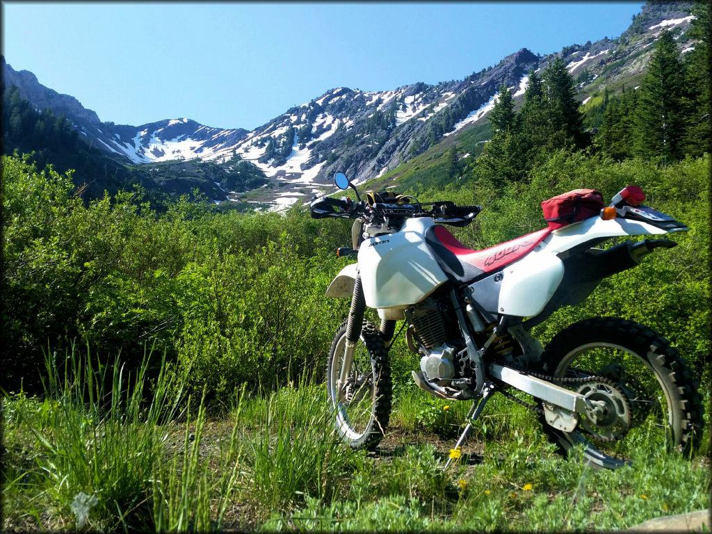 Dual sport motorcycle on single track trail at Mineral Fork Trail.