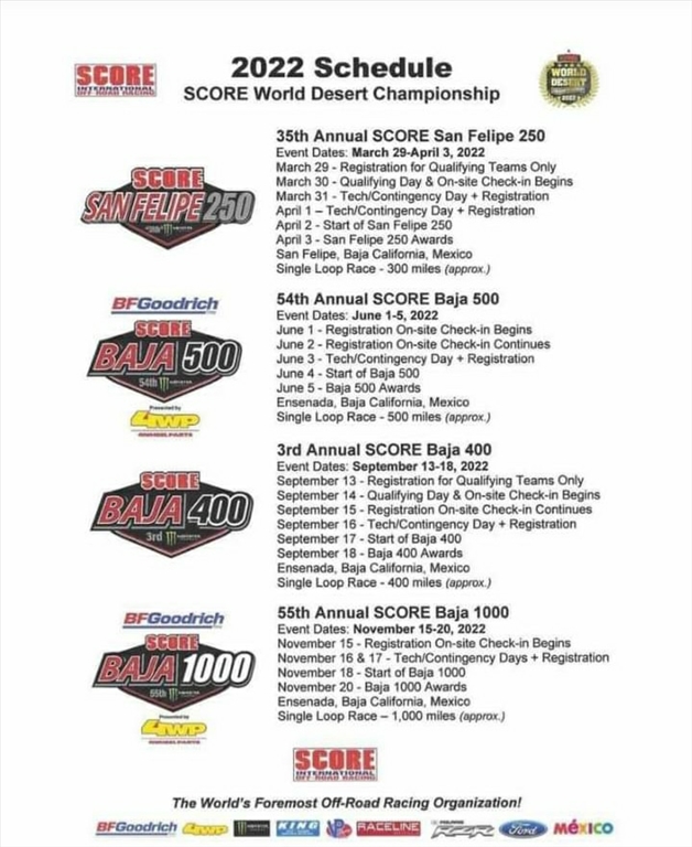 2022 SCORE World Desert Championship Schedule