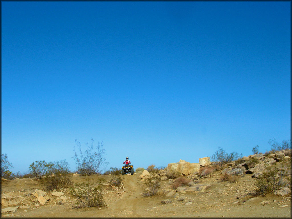 Woman on Honda ATV parked on desert trail.