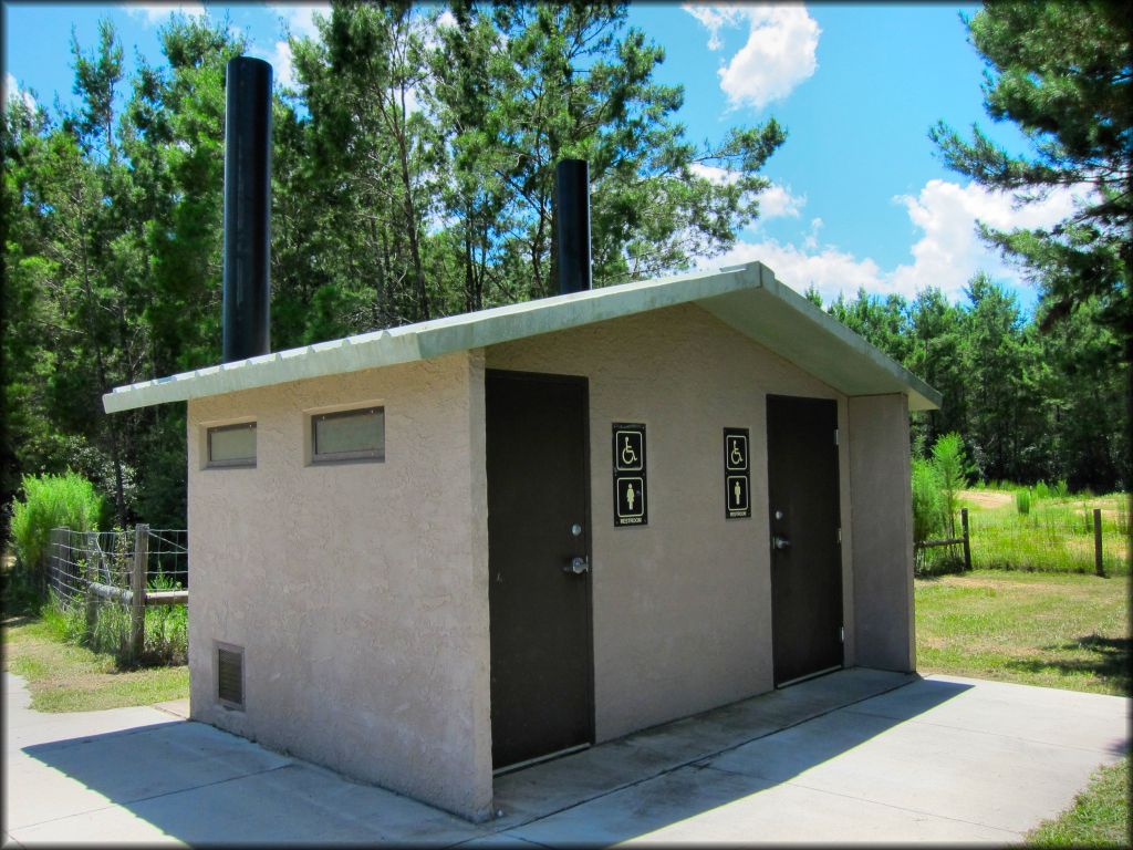 Close up photo of vault toilets.