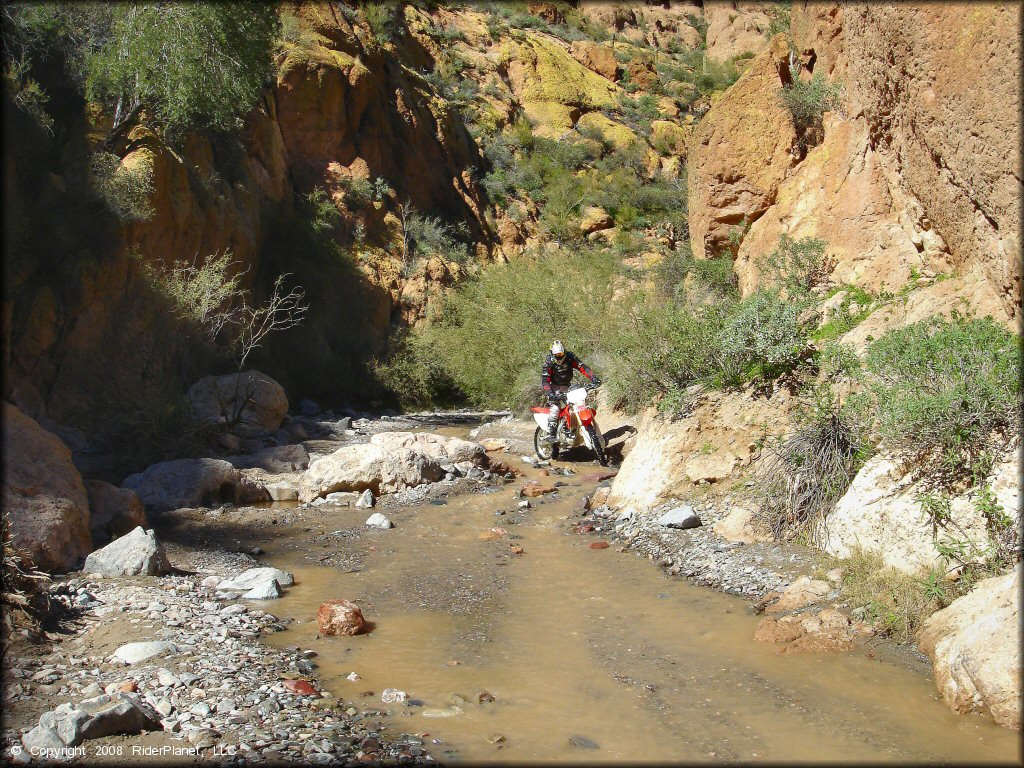 Honda dirt bike navigating twisty section of box canyon.