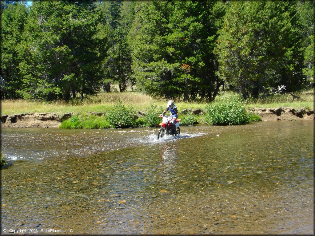 Honda CRF Dirtbike traversing the water at Lower Blue Lake Trail