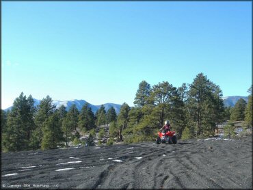 Rider on Honda TRX 250EX parked on trail with pine trees and snow covered hills in the background.
