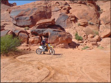 Man with Suzuki RM-250 in front of petroglyphs.