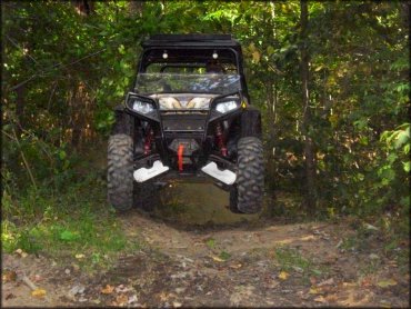 Modified UTV catching some air through a wooded trail.