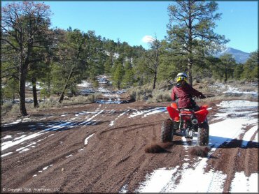 Woman on Honda TRX 250EX riding through patch of snow on ATV trail.