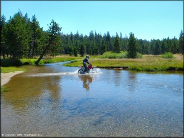 Honda CRF Dirt Bike crossing some water at Lower Blue Lake Trail