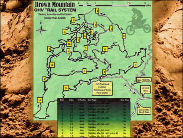 A map of the Brown Mountain trail system for motorcycles, ATVs, and SXS vehicles.