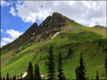 A scenic view of a rocky mountain from the ATV trail.