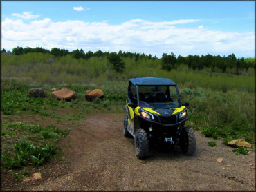 Yellow Can-Am 1000 with winch attached to front bumper parked alongside the ATV trail.