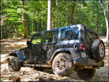 Black Jeep with a spare tire on the back going through the woods.