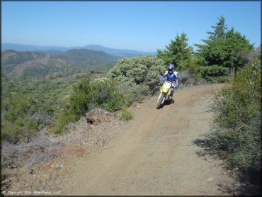 Rider on Suzuki RM-100 dirt bike traveling on 4x4 trail.