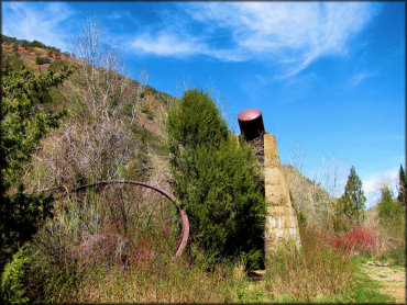 Close up view of abandoned and rusty mining equipment surrounded by juniper trees and overgrown grass.