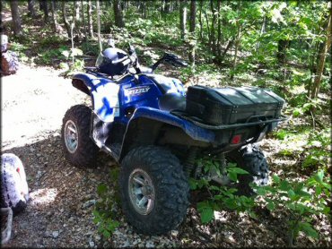 Blue Yamaha Grizzly parked alongside trail.