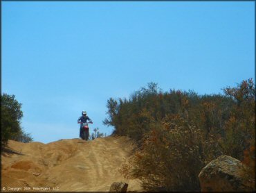 Woman on CRF150 offroad motorcycle riding through 4x4 trail.