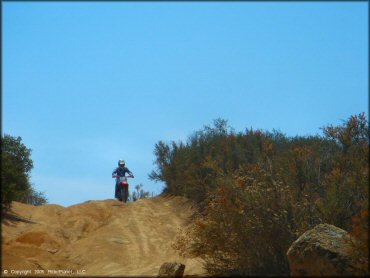 Woman on CRF150 offroad motorcycle riding through 4x4 trail.