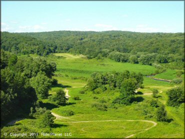 Another scenic photo of single track trails winding through grassy meadows and hardwood trees with Naugatuck River nearby.