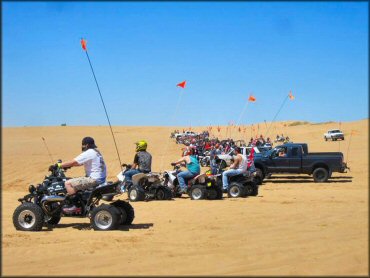 Large group of riders on ATVs with 10 foot orange whip flags attached.