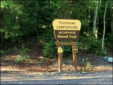 Sign for entrance to Thistledown Campground in the Uncompahgre National Forest.