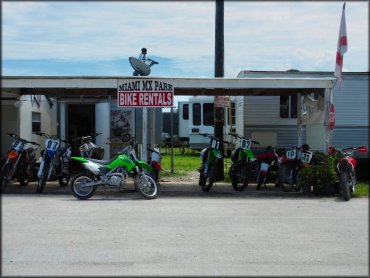 450cc Kawasaki, Yamaha and Honda motorcycles with 50cc red Honda dirt bikes.