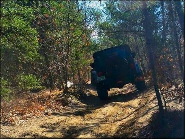 Black Jeep with a spare tire on the back going through a hard packed sandy trail in the woods.