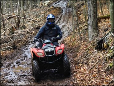 Man on red ATV navigating a muddy trail with water puddles.