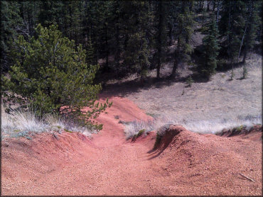 Scenic view of hard packed ATV trail with small hill.