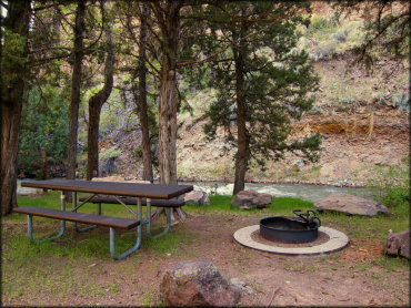 Campsite with picnic table, fire ring and BBQ grill overlooking the East Fork Jarbidge River.