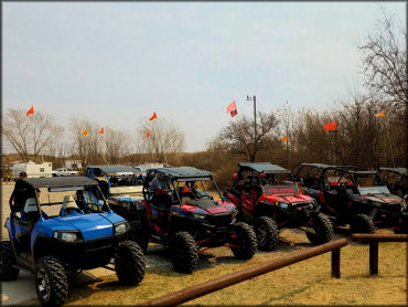 Seven UTVs parked in a row with hard top roofs and orange safety flags.