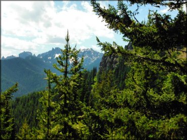 A scenic close up photo with pine trees, cliffs and rugged mountains.