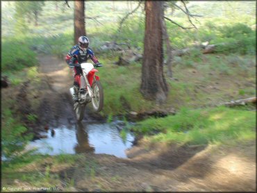 Honda CRF Motorcycle crossing the water at Bull Ranch Creek Trail
