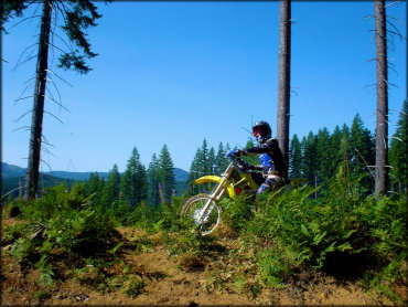 Woman wearing blue Acerbis motocross gear sitting on Suzuki RM100.