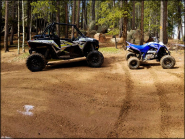 Polaris 1000 RZR with roll cage parked next to Yamaha Raptor 900R.