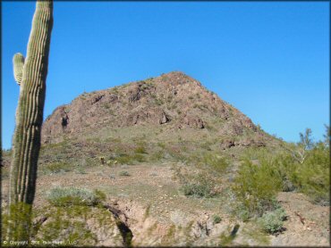 A scenic portion of the surrounding hills and cactuses.