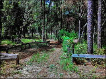 A close up photo of nicely maintained ATV trail with signage and wooden fencing.