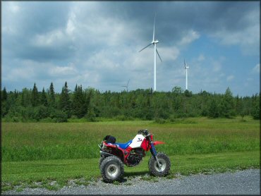 Honda ATC200X parked alongside gravel road with grassy meadow, pine trees and wind turbines in the background.