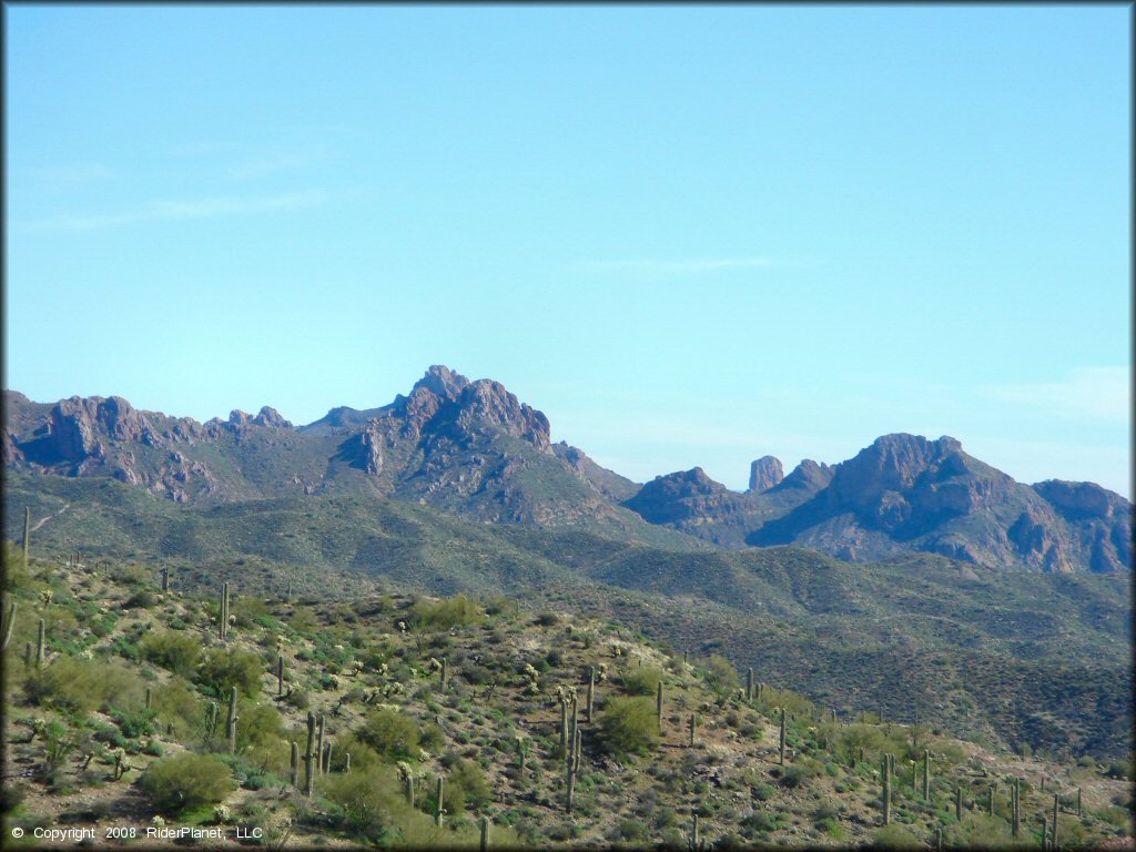 A scenic panoramic view of rugged mountains and saguaro cacti.